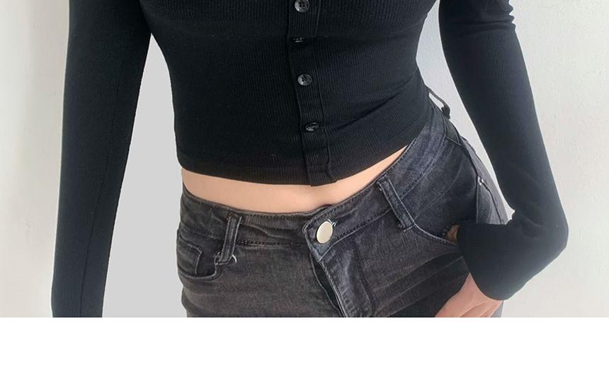 Long-Sleeve Scoop Neck Plain Lace Trim Mock Two-Piece Cropped T-Shirt Product Image