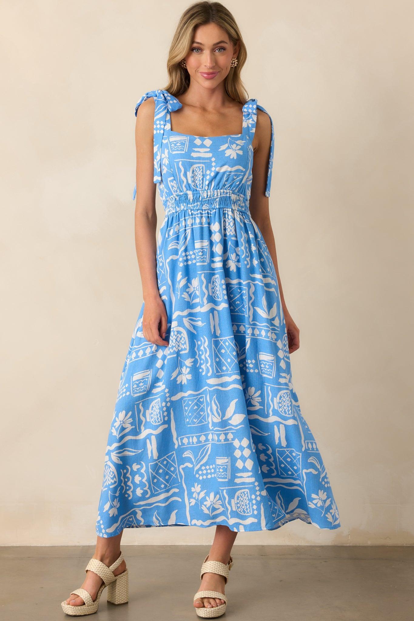 For The Fun Of It Blue Tropical Print Maxi Dress Product Image