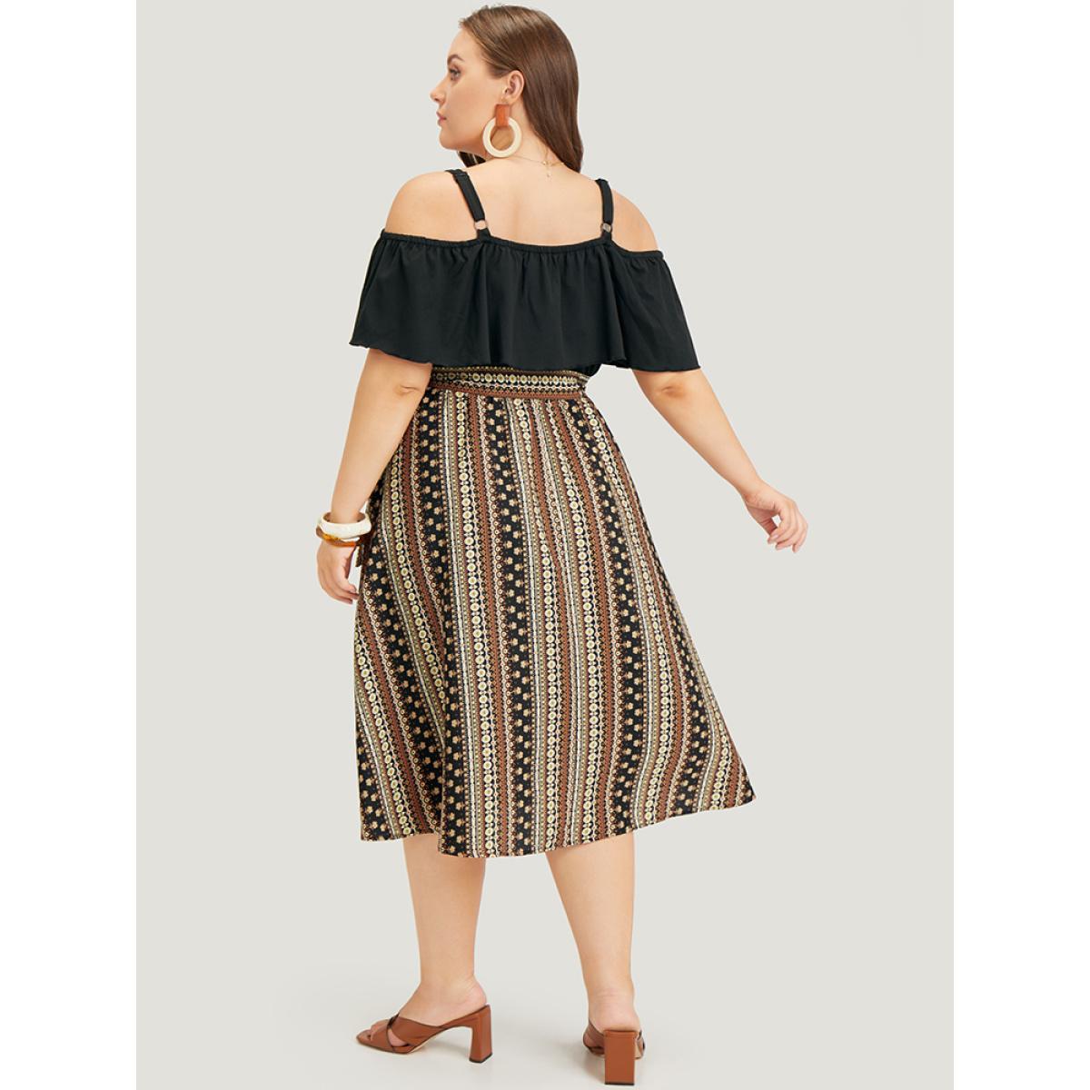 Plus Size Bandana Patchwork Flutter Pocket Belt Cold Shoulder Dress DarkBrown Women Vacation Adjustable Straps Spaghetti Strap Short sleeve Curvy Midi Dress BloomChic 22-24/3X Product Image