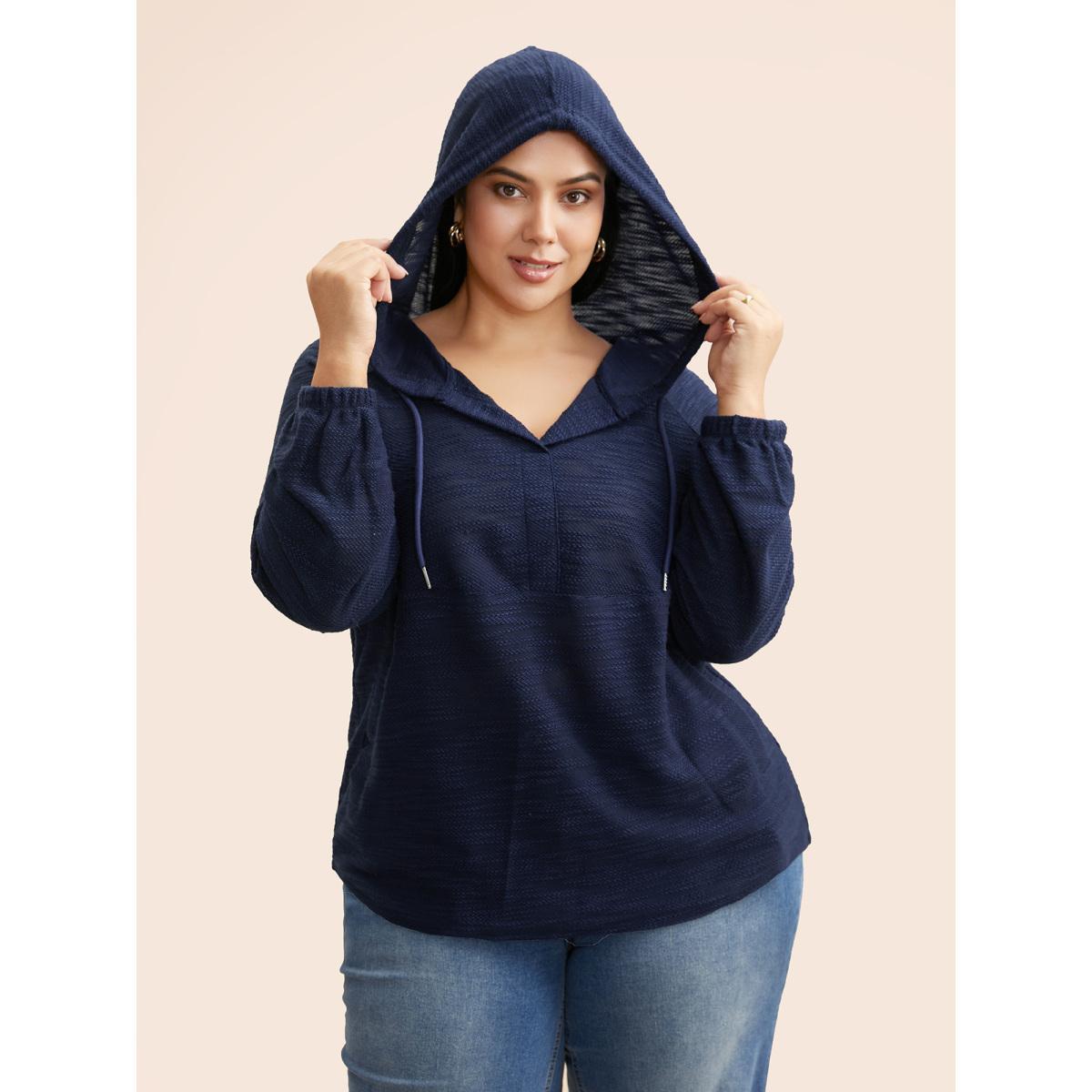 Plus Size Texture Drawstring Pocket Hooded Sweatshirt Women DarkBlue Casual Texture Loose Hooded Everyday Sweatshirts BloomChic 26/4X Product Image