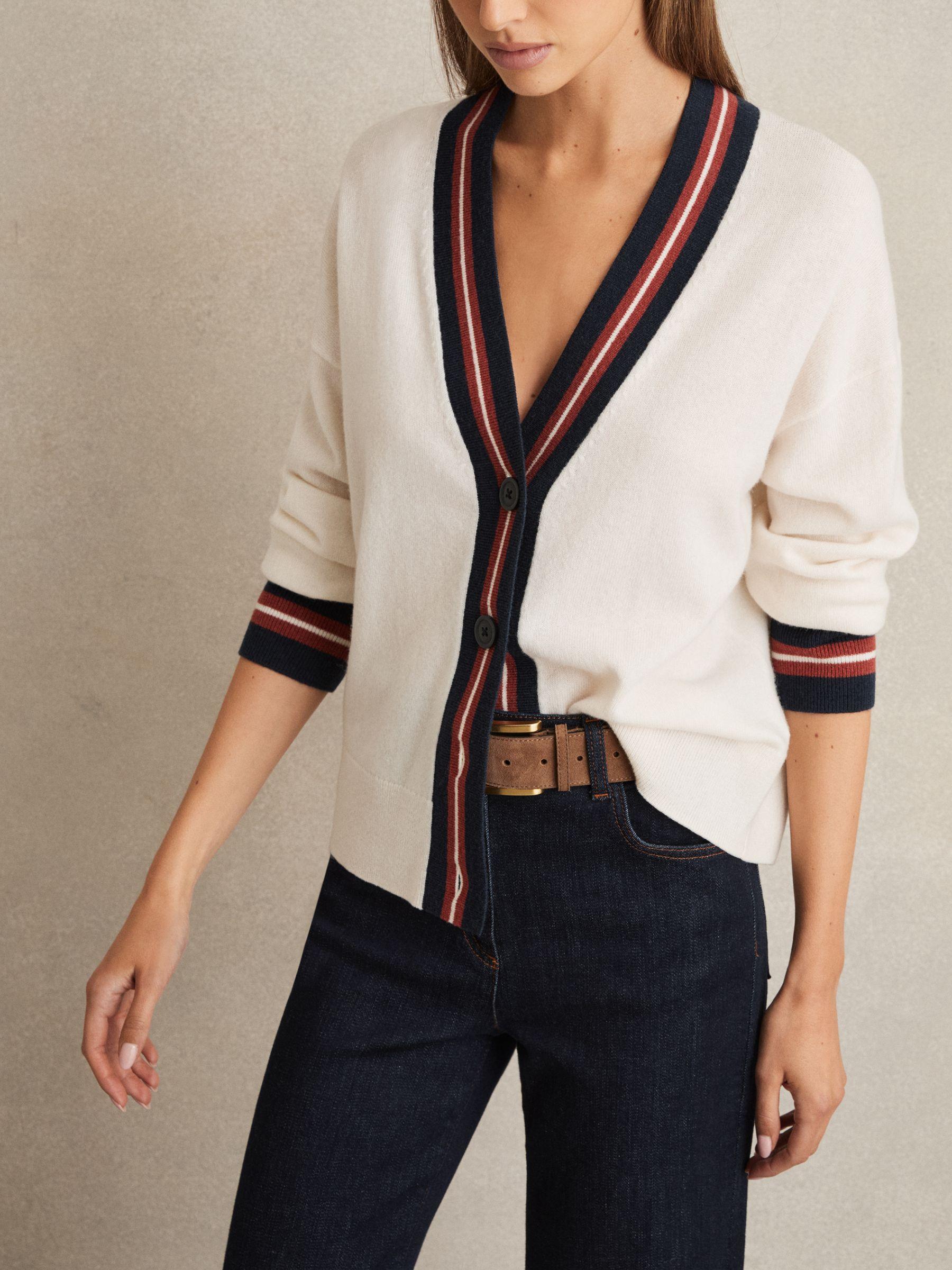 Wool-Cashmere Stripe-Trim Cardigan in White Product Image