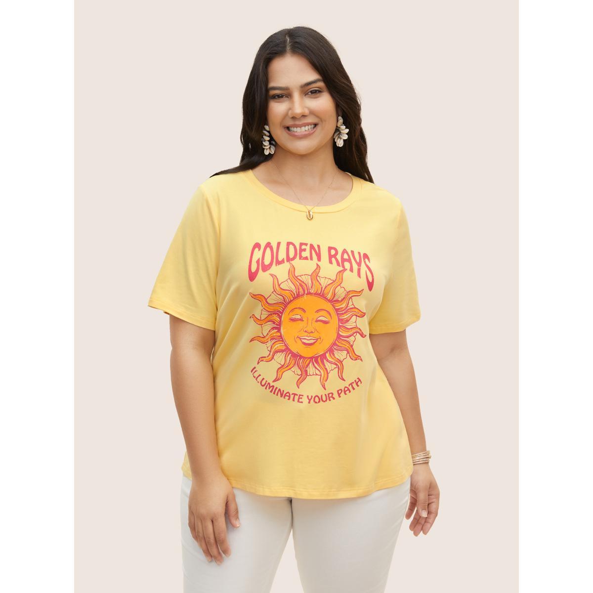 Plus Size Cotton Round Neck Sun Print T-shirt Lightyellow Women Resort Contrast Art&design Round Neck Vacation T-shirts BloomChic 10/M Product Image