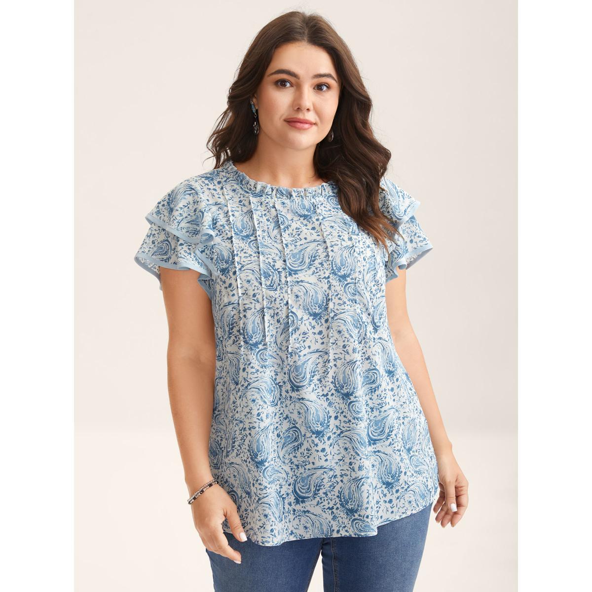 Plus Size LightBlue Paisley Print Ruffled Layered Sleeve Blouse Women Cap Sleeve Round Neck Vacation Blouses BloomChic 22-24/3X Product Image