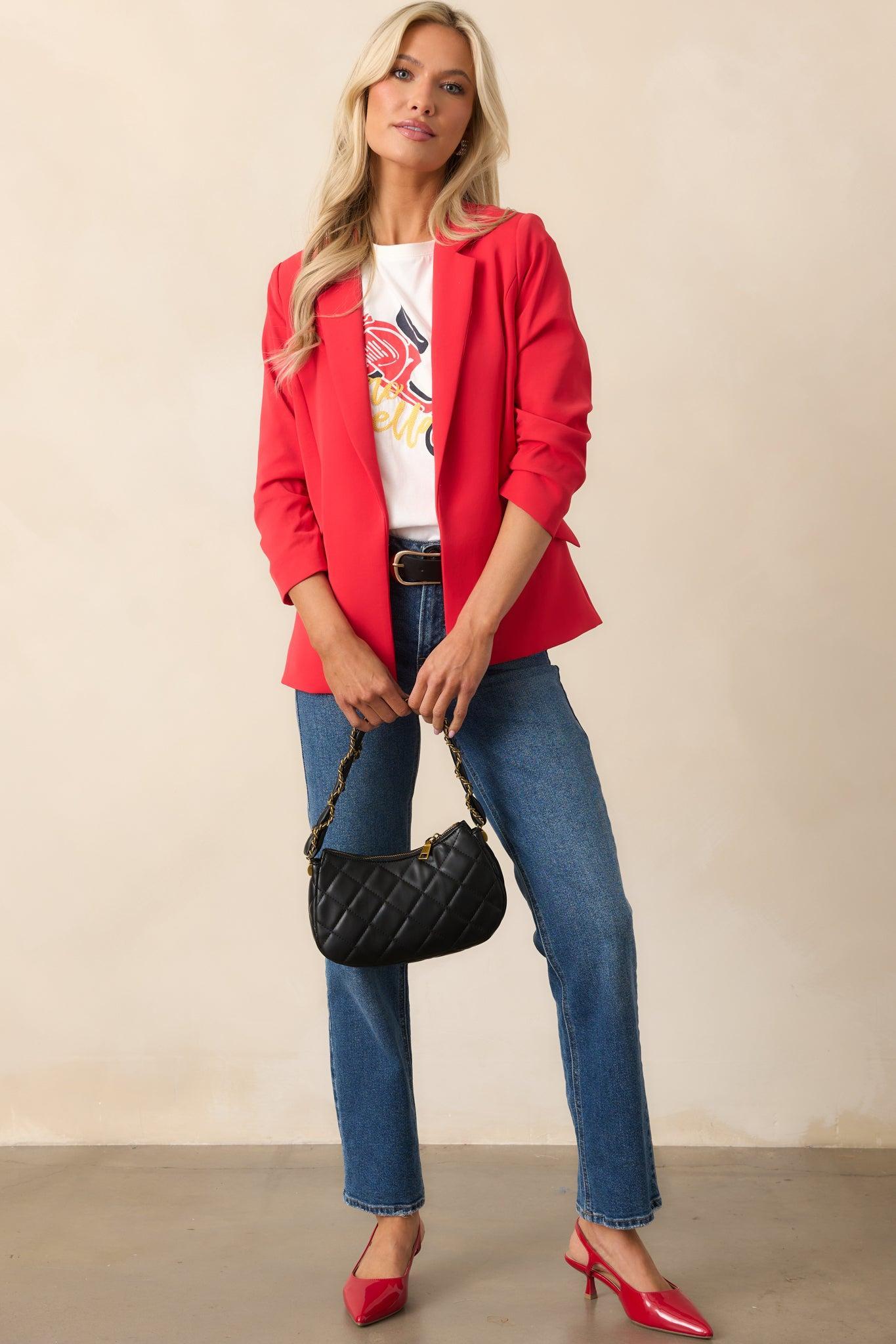 She Means Business Red Single-Breasted Tailored Blazer Product Image