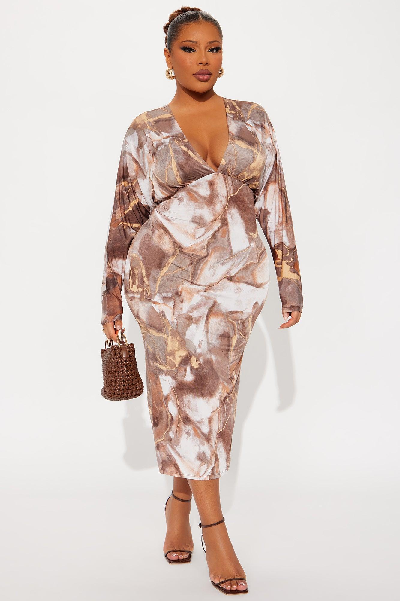 Julianna Long Sleeve Marble Midi Dress - Brown/combo Product Image