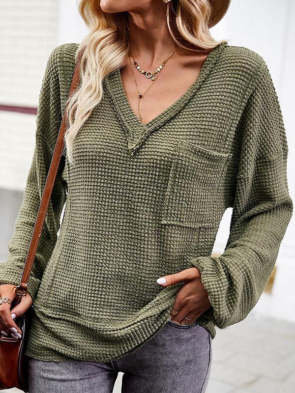 Long Sleeves Loose Elasticity Pockets Solid Color Split-Joint V-Neck T-Shirts Tops Product Image