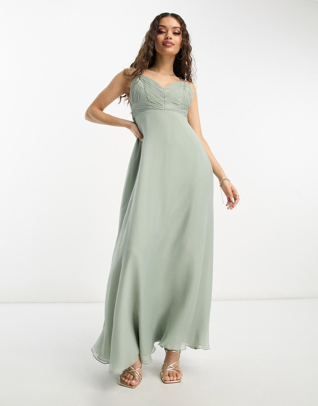 ASOS DESIGN petite bridesmaid cami maxi dress with ruched bodice and tie waist Product Image