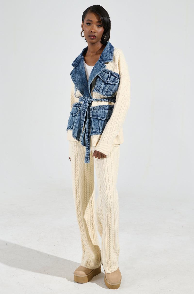 WORTHY OF LOVE CABLE KNIT STRAIGHT LEG PANT IN CREAM Product Image