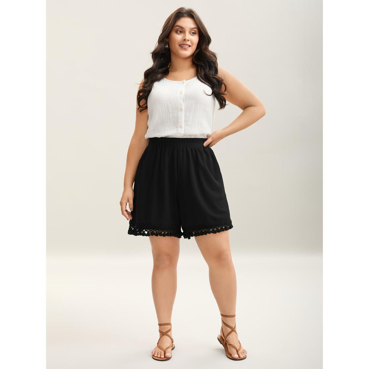 Plus Size Textured Tassel Detail Everyday Shorts Women Black Resort Tassels Loose Vacation Shorts BloomChic 28/5X Product Image