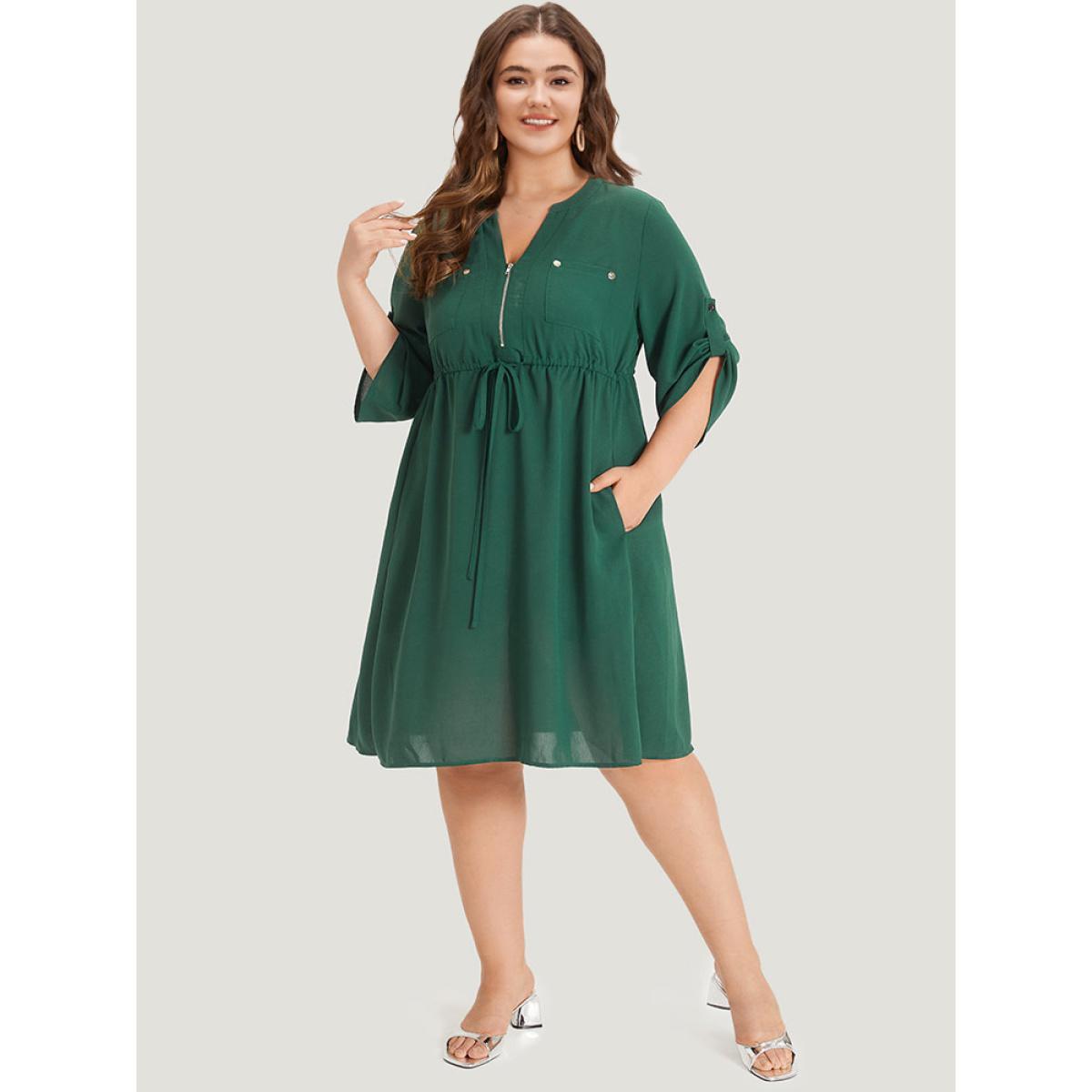 Plus Size Plain Drawstring Pocket Zipper Notched Gathered Tab Sleeve Dress Green Women Office Zipper Notched collar Half Sleeve Curvy Knee Dress BloomChic 22-24/3X Product Image