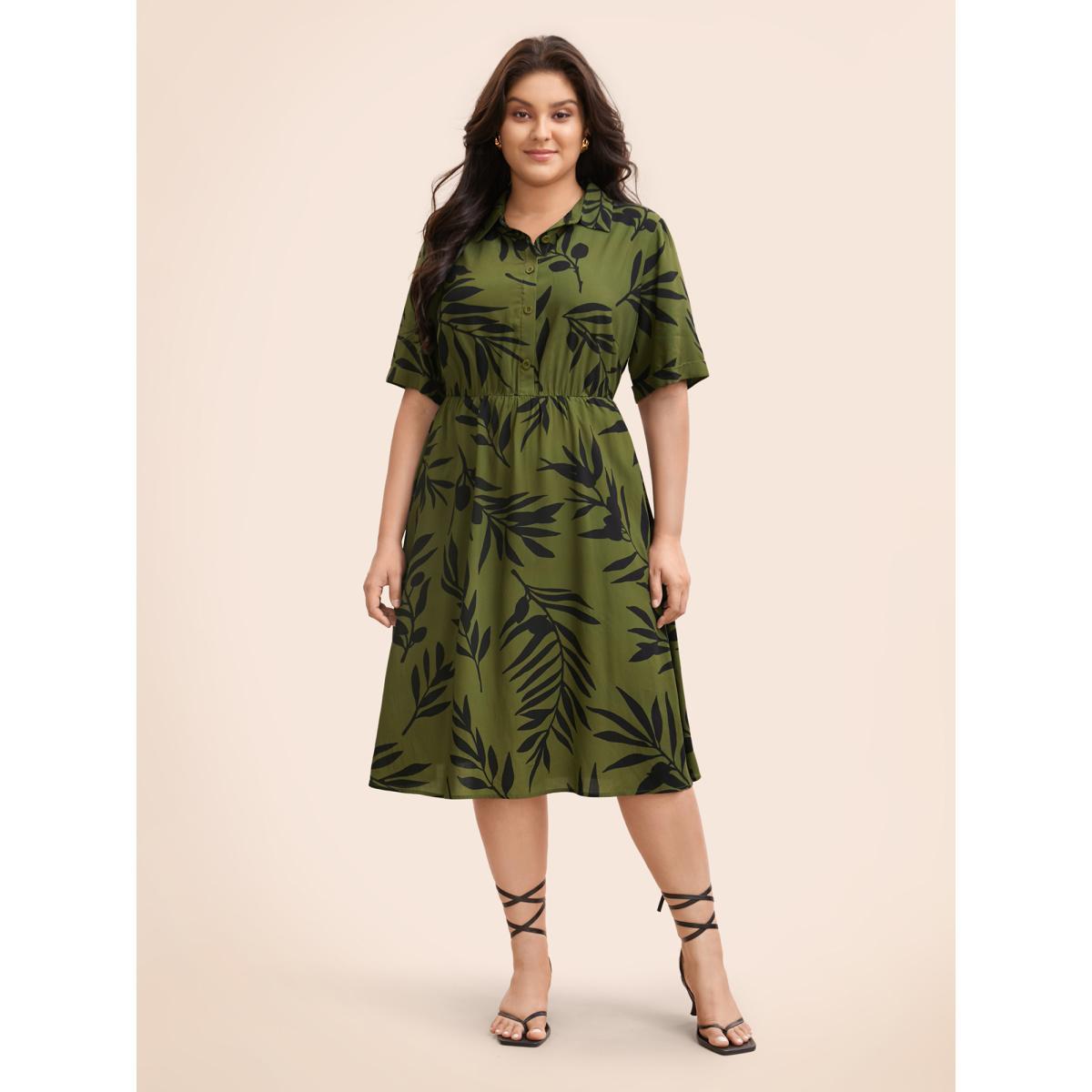Plus Size Tropical Print Shirt Collar Midi Dress ArmyGreen Women Elegant Button Shirt collar Short sleeve Curvy BloomChic 18-20/2X Product Image