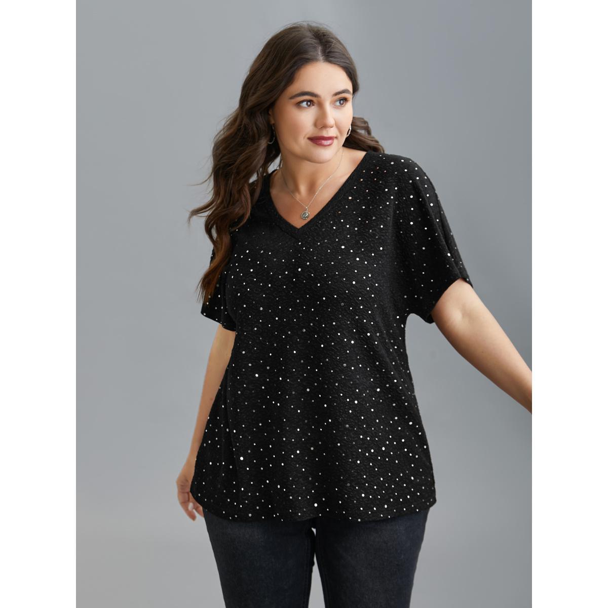Plus Size V-Neck Sequin Textured T-Shirt Black Women Casual Rhinestone detailing V-neck Everyday T-shirts BloomChic 30/6X Product Image