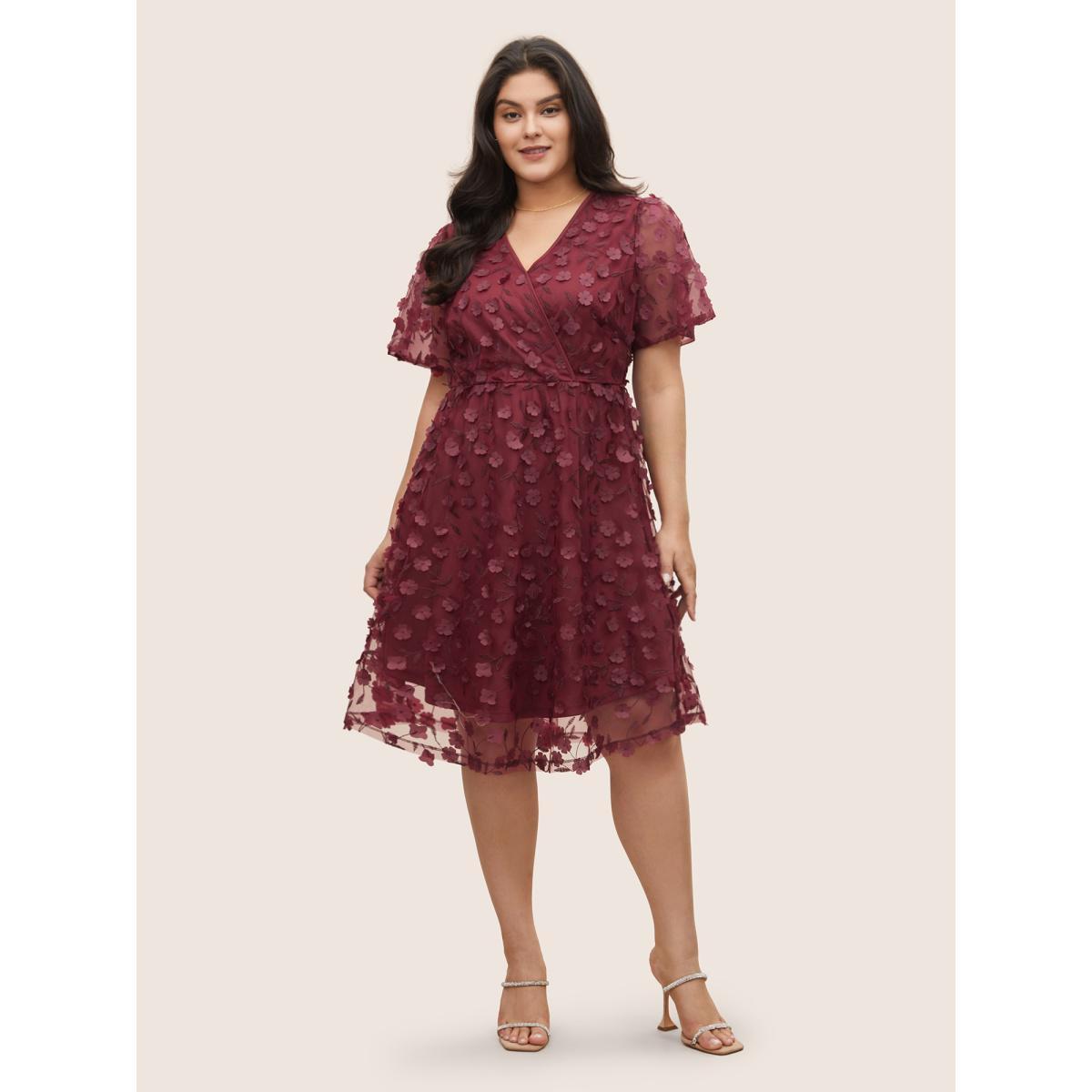 Plus Size Plisse Mesh Pocket Overlap Collar Dress Scarlet Women Cocktail Non Overlap Collar Short sleeve Curvy Midi Dress BloomChic 30/6X Product Image
