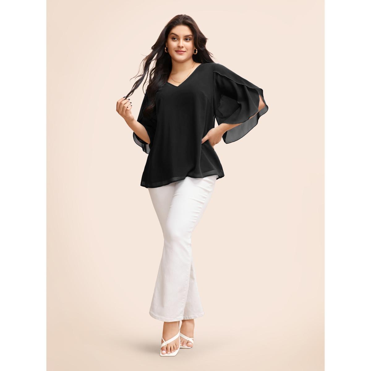 Plus Size Black Chiffon Gathered Petal Sleeve Blouse Women Elegant Elbow-length sleeve V-neck Everyday Blouses BloomChic 30/6X Product Image