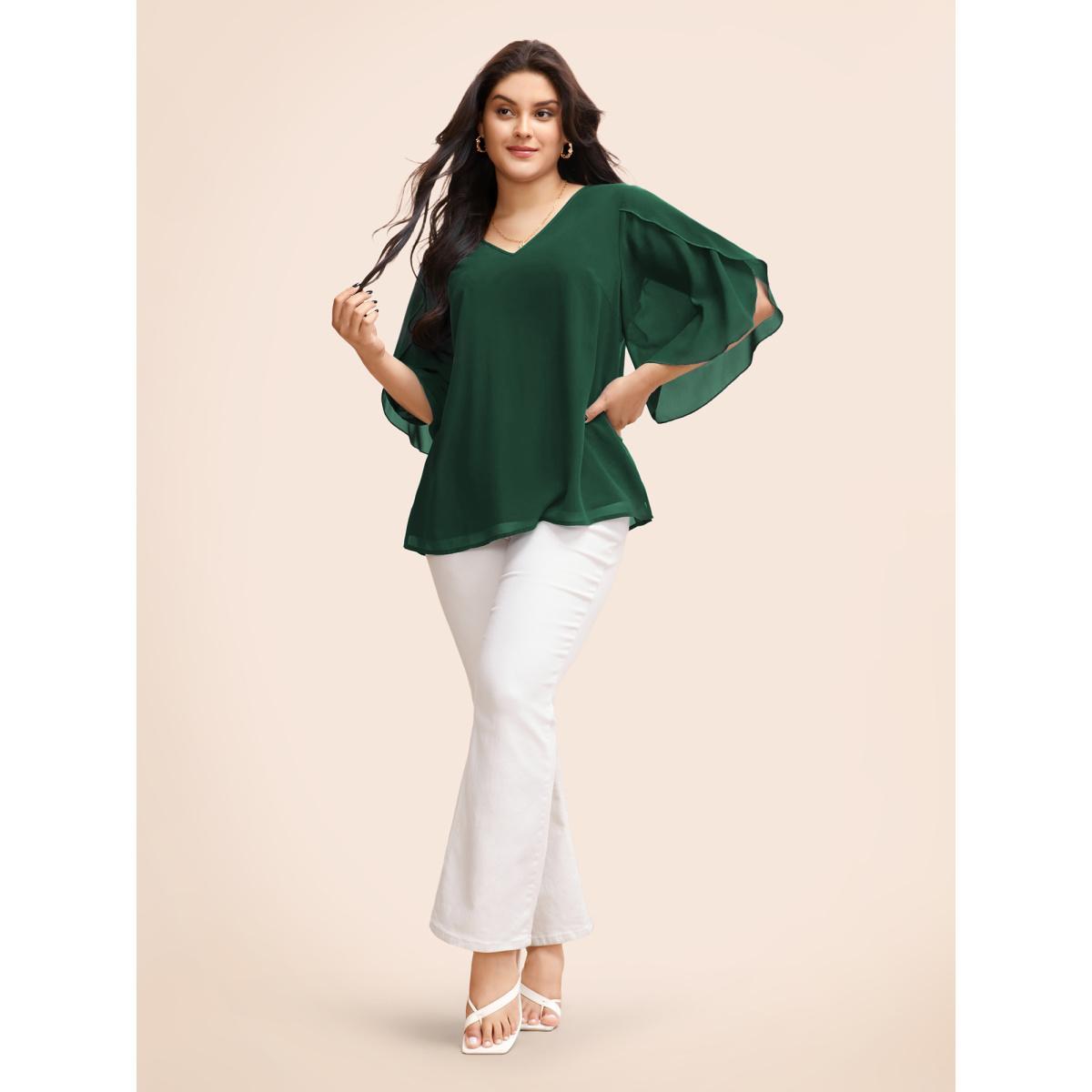 Plus Size DarkGreen Chiffon Gathered Petal Sleeve Blouse Women Elegant Elbow-length sleeve V-neck Everyday Blouses BloomChic 30/6X Product Image