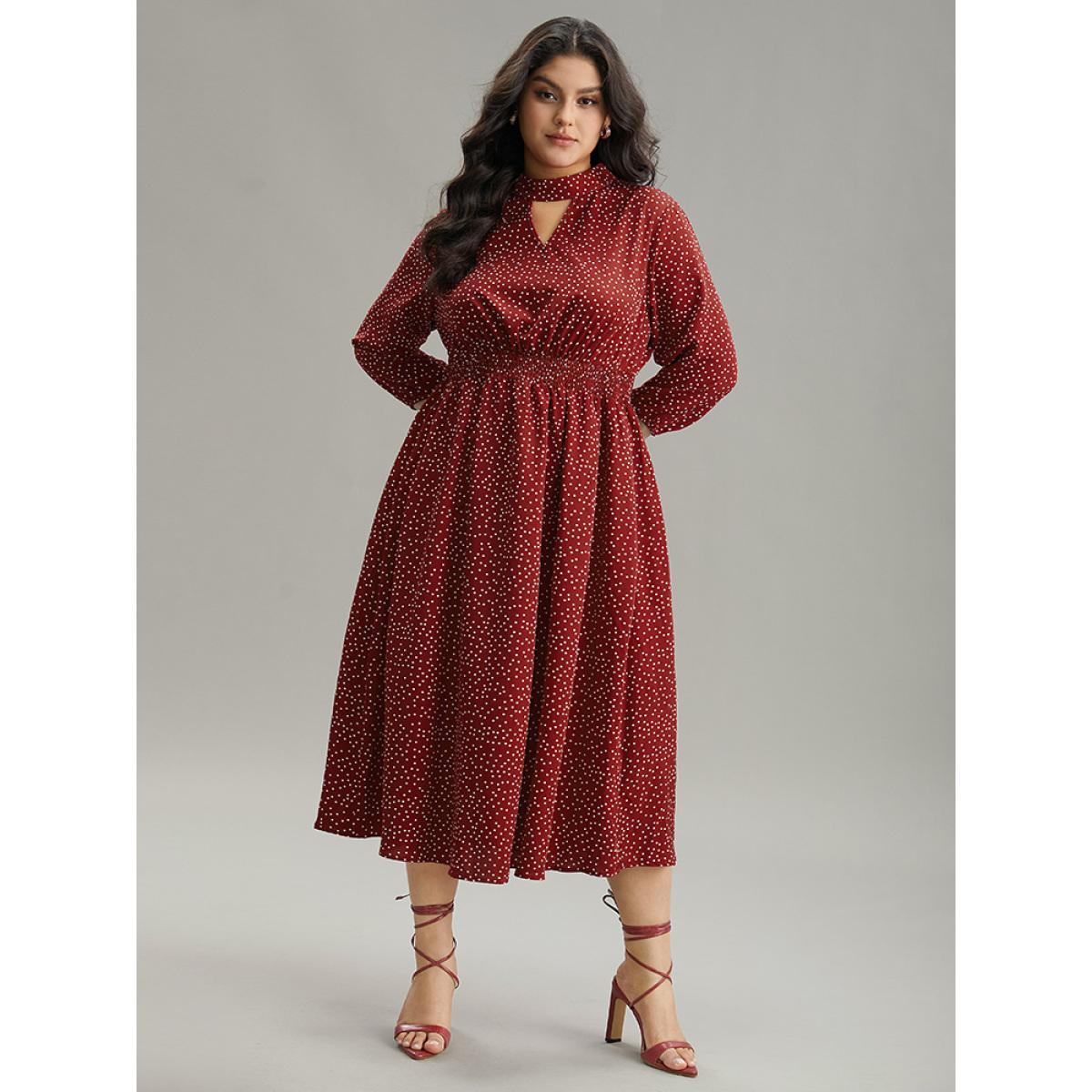 Plus Size Polka Dot Keyhole Pocket Mock Neck Dress Scarlet Women Elegant Elastic cuffs Mock Neck Elbow-length sleeve Curvy Midi Dress BloomChic 12/L Product Image