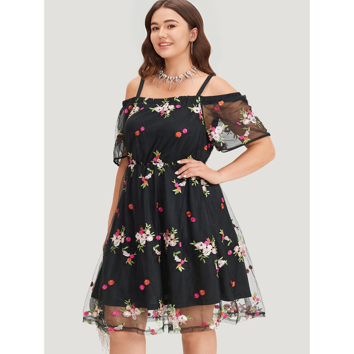 Plus Size Floral Embroidered Cold Shoulder Mesh Cami Dress Black Women Glamour Lined Spaghetti Strap Short sleeve Curvy Knee Dress BloomChic 26/4X Product Image