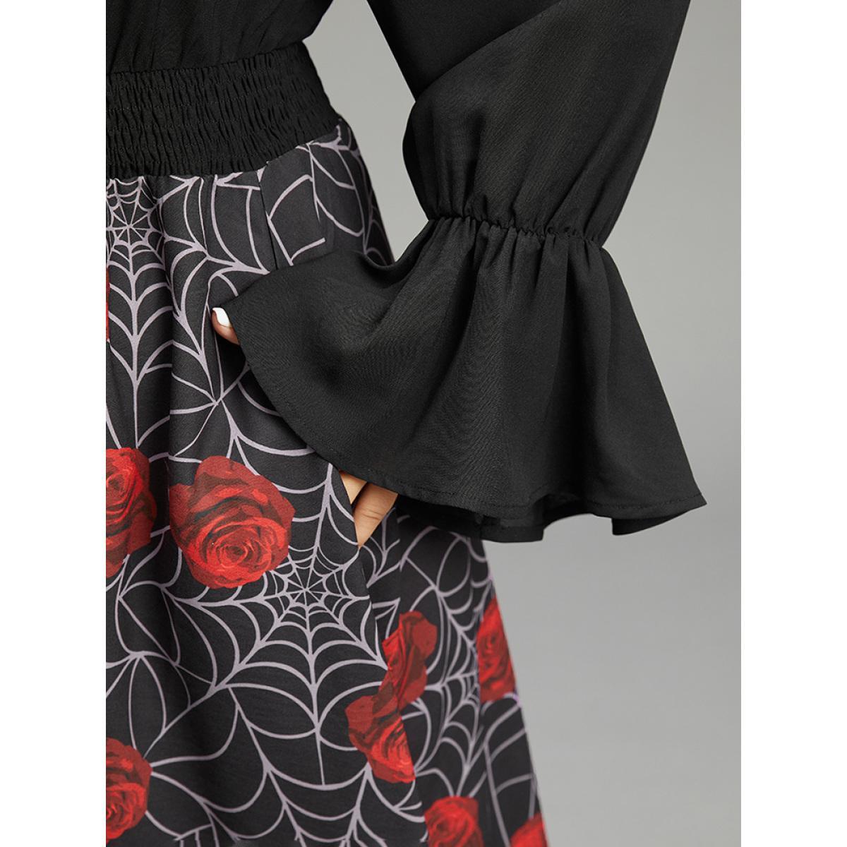 Plus Size Halloween Rose Ruffles Shirred Elastic Waist Dress Black Women Casual Printed V-neck Long Sleeve Curvy Midi Dress BloomChic 26/4X Product Image