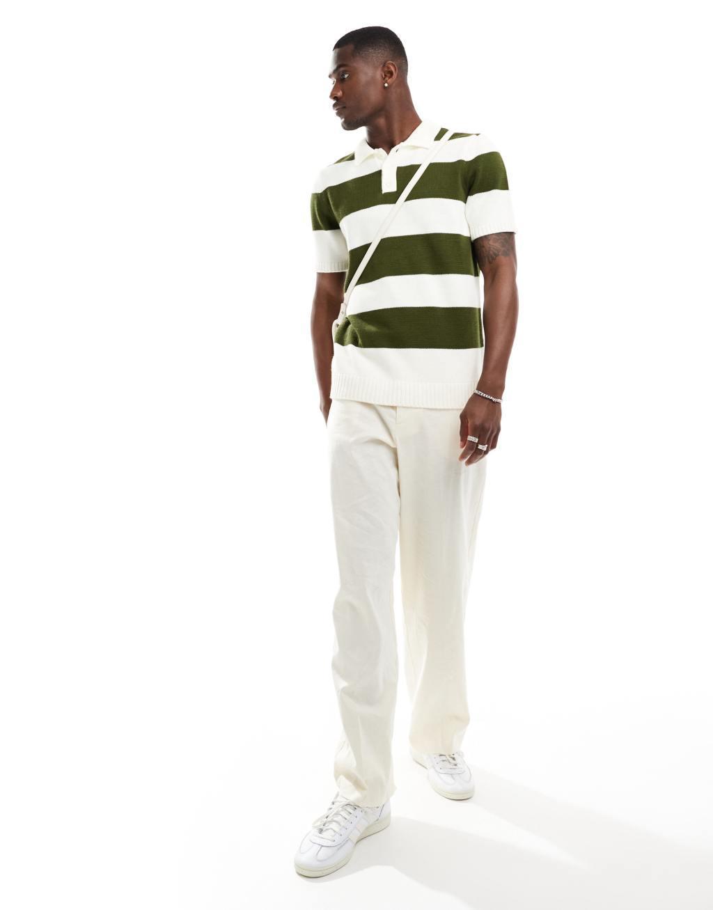 ASOS DESIGN short sleeve rugby polo in khaki stripe Product Image