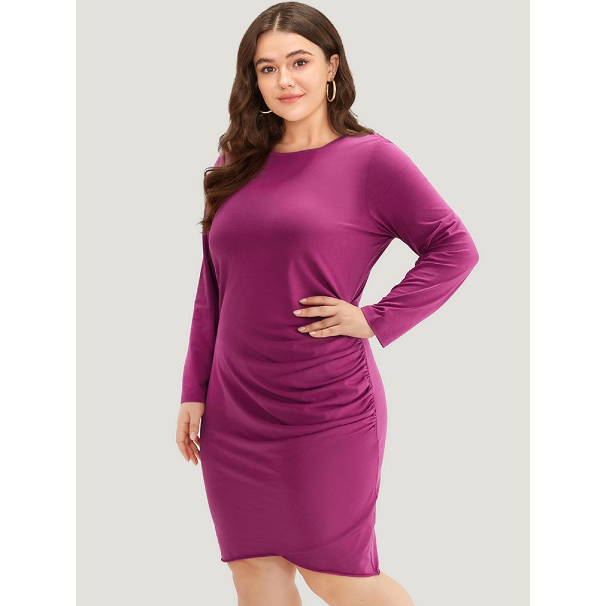 Plus Size Supersoft Essentials Solid Crew Neck Gathered Dress RedViolet Women Casual Gathered Round Neck Long Sleeve Curvy Knee Dress BloomChic 22-24/3X Product Image