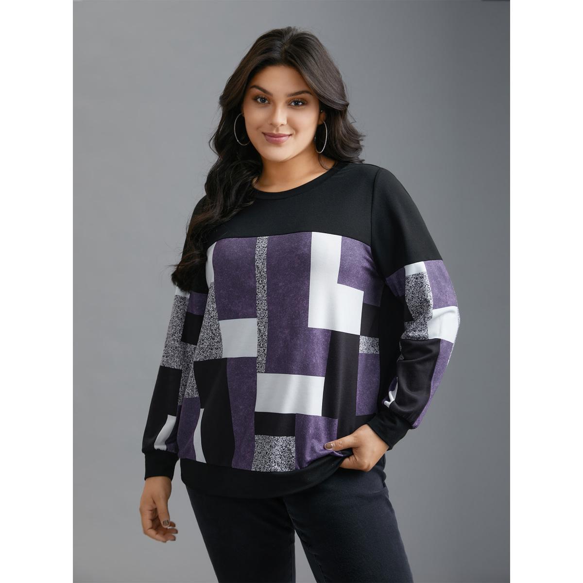 Plus Size Crew Neck Geometric Patchwork Sweatshirt Women Deeppurple Casual Contrast Loose Round Neck Everyday Sweatshirts BloomChic 10/M Product Image