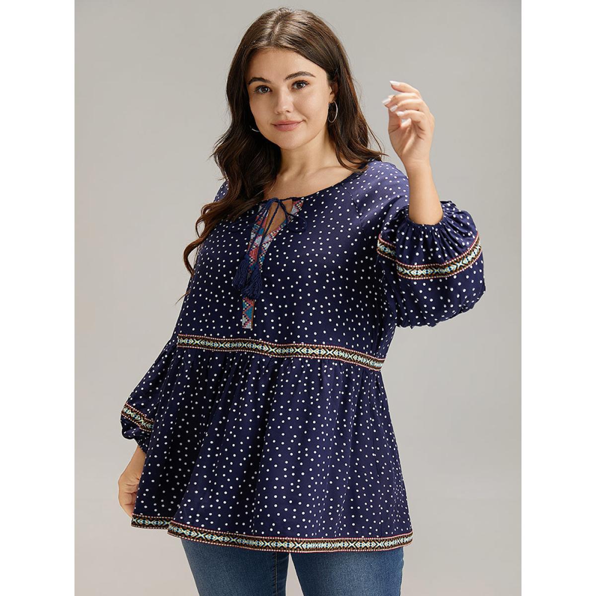 Plus Size Indigo Polka Dot Bandana Trim Ties Blouse Women Resort Long Sleeve Tie Neck Vacation Blouses BloomChic 28/5X Product Image