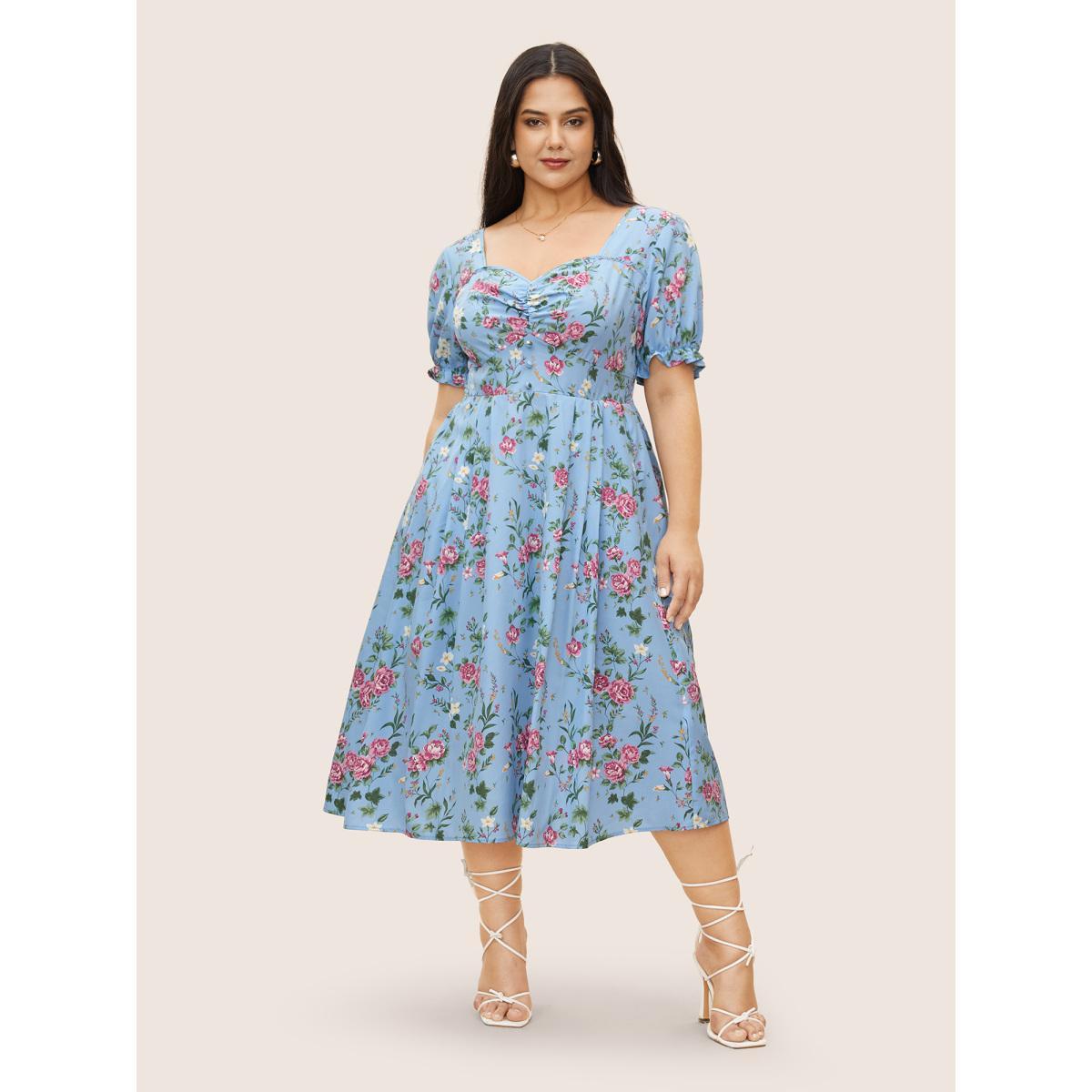 Plus Size Floral Heart Neckline Shirred Lantern Sleeve Dress LightBlue Women Elegant Gathered Heart neckline Short sleeve Curvy Midi Dress BloomChic 10/M Product Image