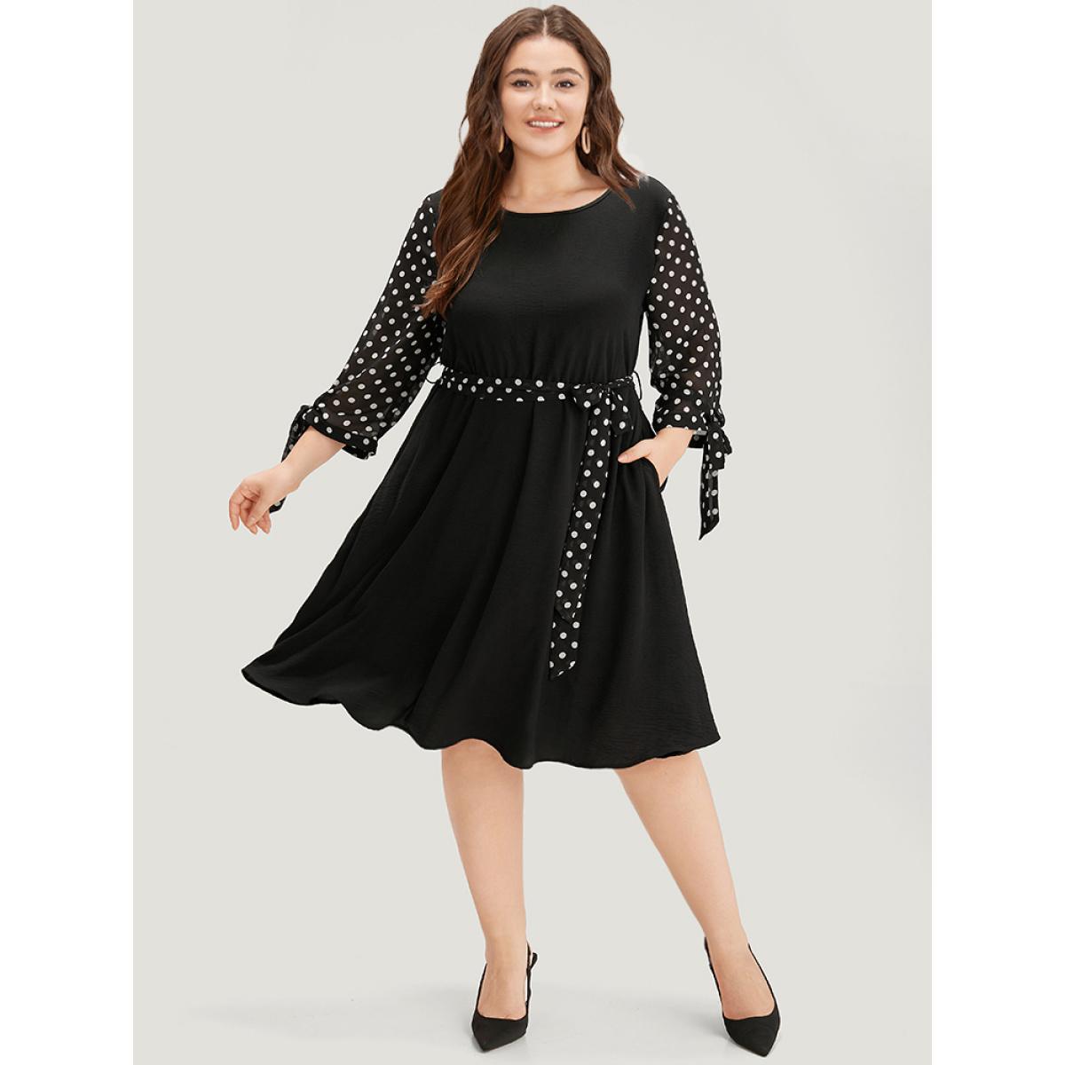 Plus Size Polka Dot Patchwork Mesh Belted Bowknot Dress Black Women Office See through Round Neck Long Sleeve Curvy Midi Dress BloomChic 22-24/3X Product Image