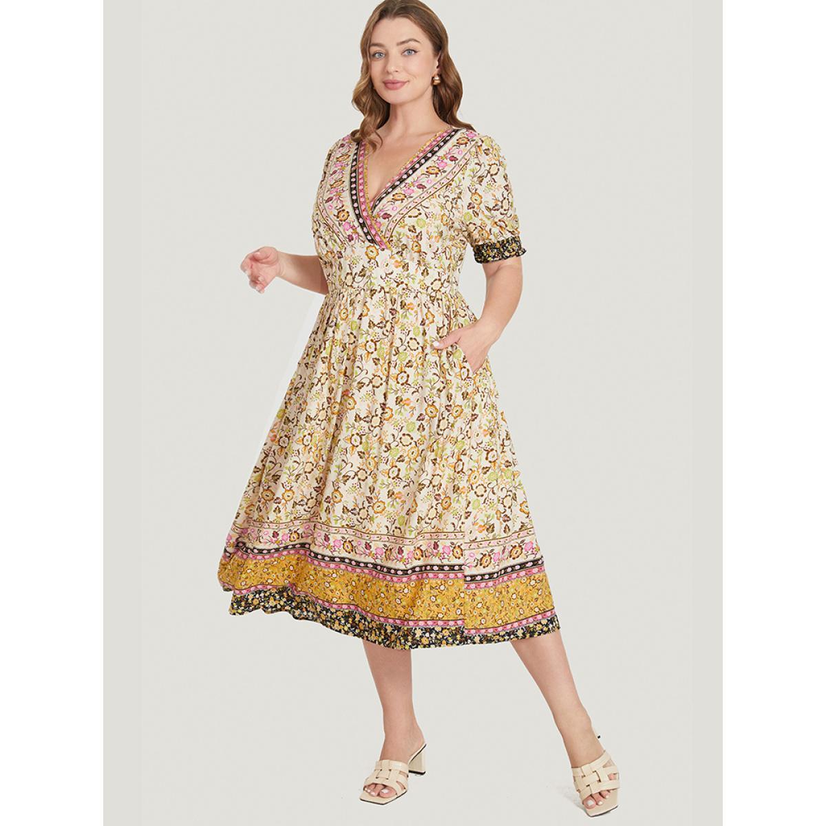 Plus Size Bandana Print Surplice Neck Pocket Shirred Puff Sleeve Dress Orange Women Vacation Overlap Collar Short sleeve Curvy Midi Dress BloomChic 18-20/2X Product Image