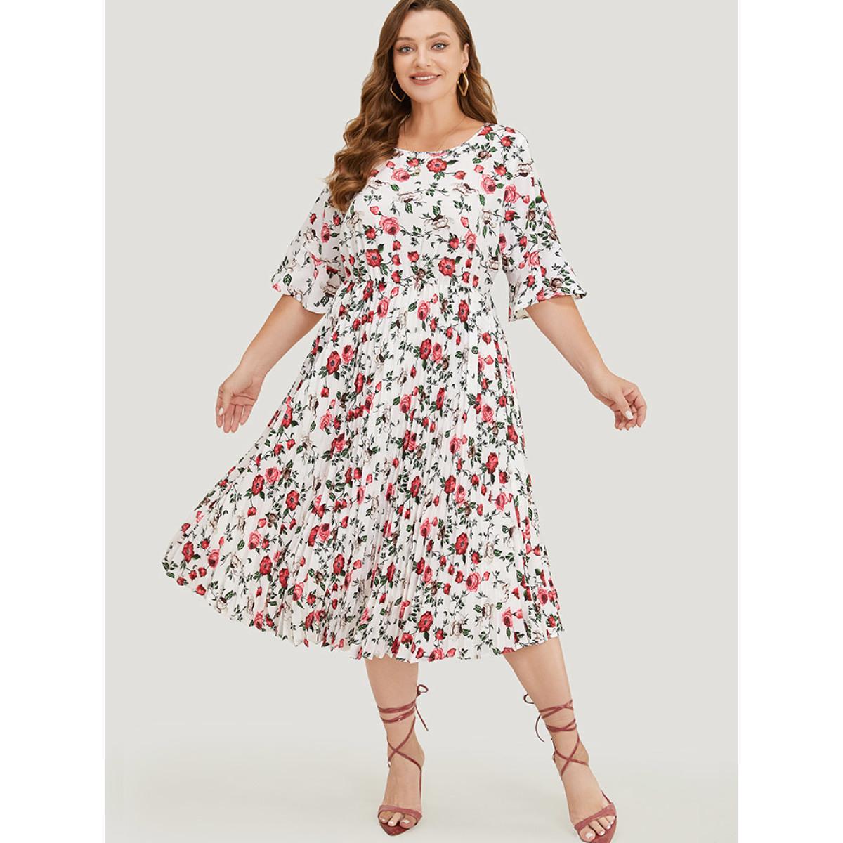 Plus Size Floral Print Pleated Hem Pocket Bell Sleeve Midi Dress Multicolor Women Elegant Pleated Round Neck Half Sleeve Curvy Midi Dress BloomChic 12/L Product Image