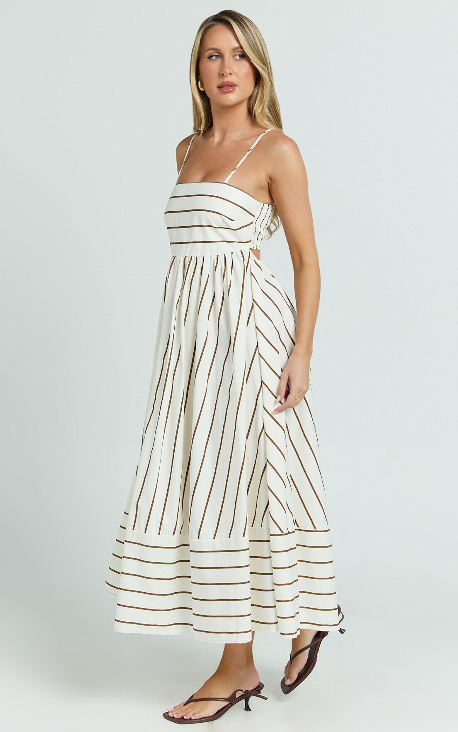 Erich Midi Dress - Open Back Stripe Dress in Beige White Product Image