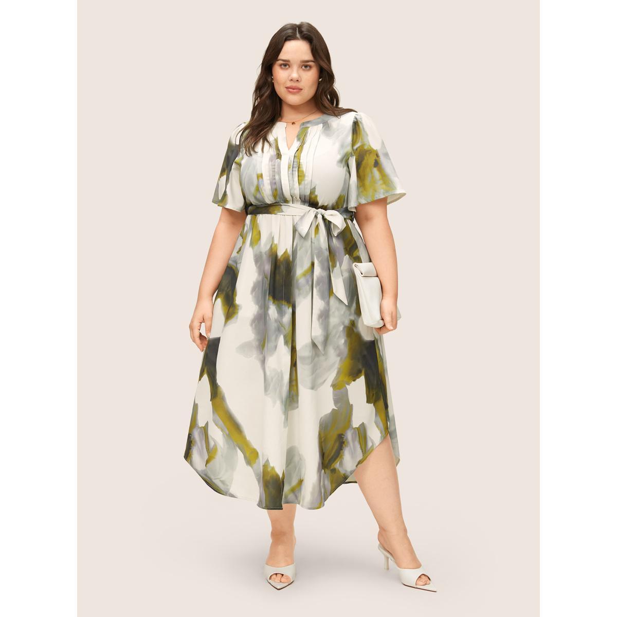 Plus Size Colorblock Notched Pleated Belted Curved Hem Dress Sage Women At the Office Non Notched collar Short sleeve Curvy Midi Dress BloomChic 28/5X Product Image