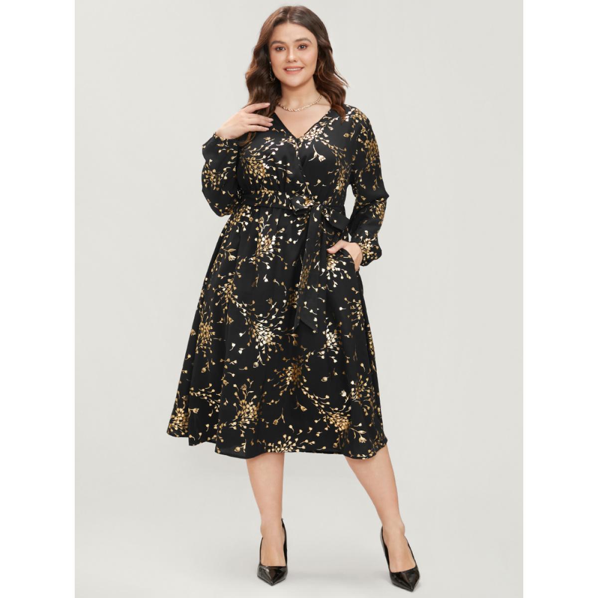 Plus Size Floral Pocket Lantern Sleeve Belted Surplice Neck Dress Black Women Party Belted V-neck Long Sleeve Curvy Midi Dress BloomChic 10/M Product Image