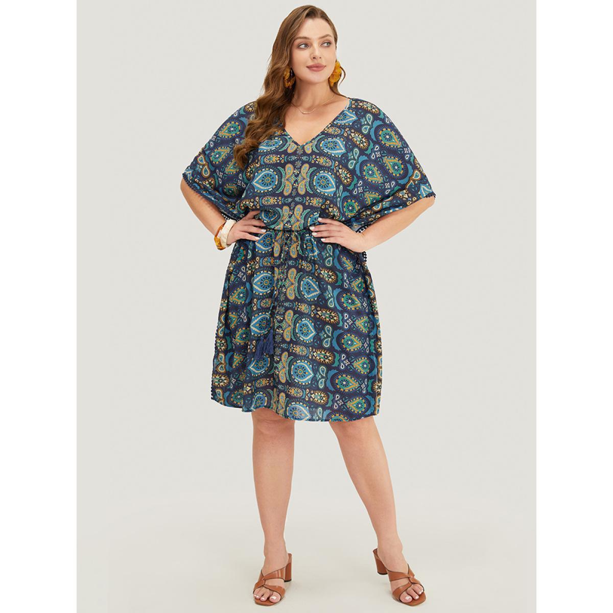 Plus Size Paisley Print Dolman Sleeve Tassels Pompom Trim Cover Up Women Blue Vacation See through Loose Belt Dailywear Kimonos BloomChic 14-16/1X Product Image