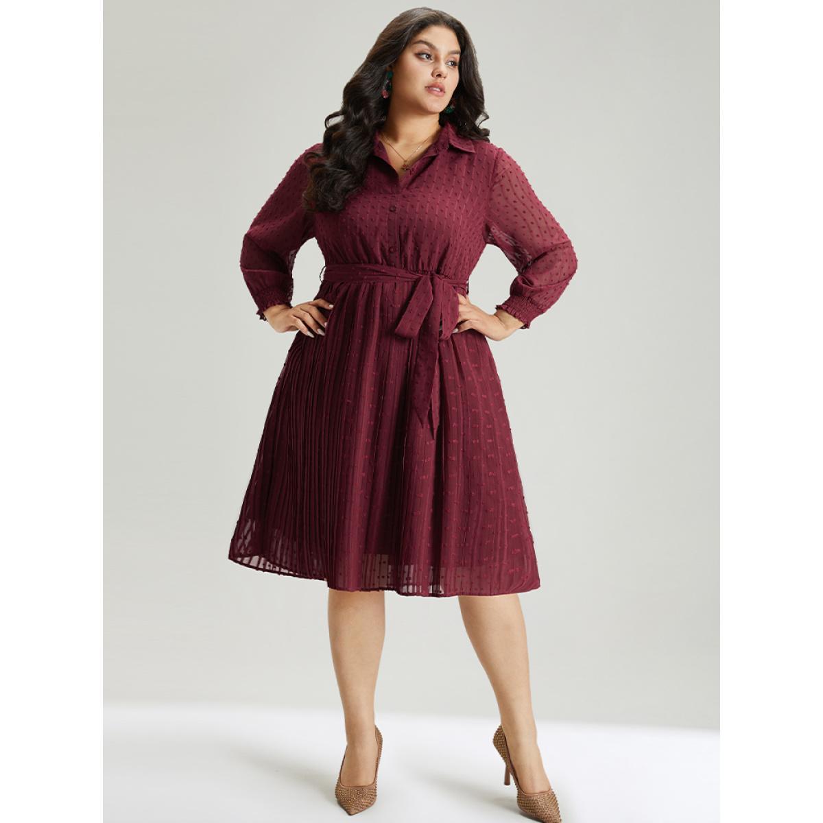 Plus Size Plain Textured Shirt Collar Gathered Belted Dress Scarlet Women Office Elastic cuffs Shirt collar Long Sleeve Curvy Midi Dress BloomChic 14-16/1X Product Image