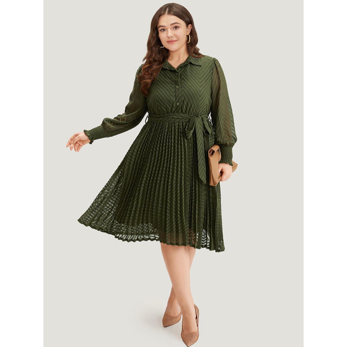 Plus Size Shirred Belted Pocket Shirt Collar Button Through Dress ArmyGreen Women Office Elastic cuffs Shirt collar Long Sleeve Curvy Midi Dress BloomChic 28/5X Product Image