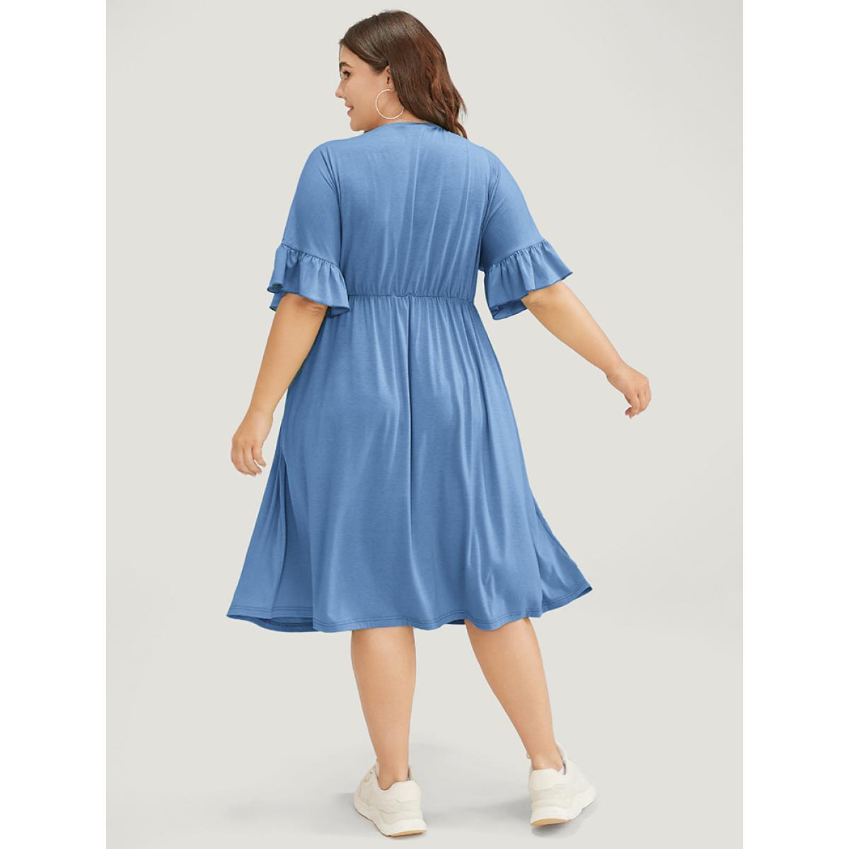 Plus Size Solid Pocket Button Detail Ruffle Sleeve Midi Dress Stone Women Casual Button V-neck Short sleeve Curvy Midi Dress BloomChic 28/5X Product Image