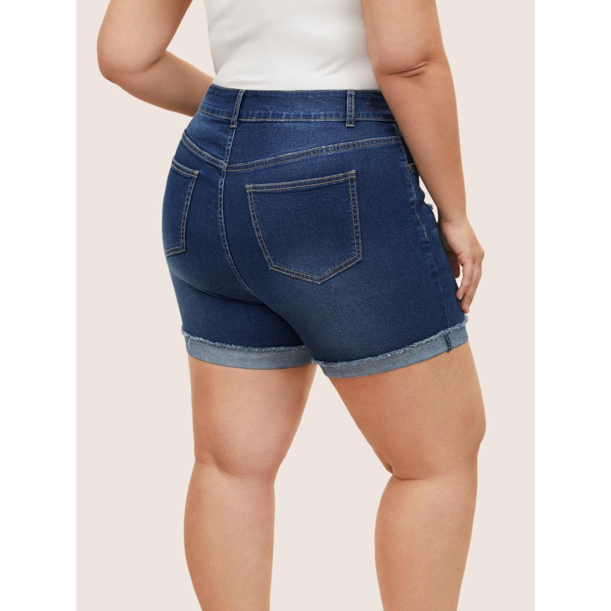 Plus Size Distressed Dark Wash Roll Hem Denim Shorts Women Indigo Non High stretch Everyday Slanted pocket Casual Denim Shorts BloomChic 12/L Product Image