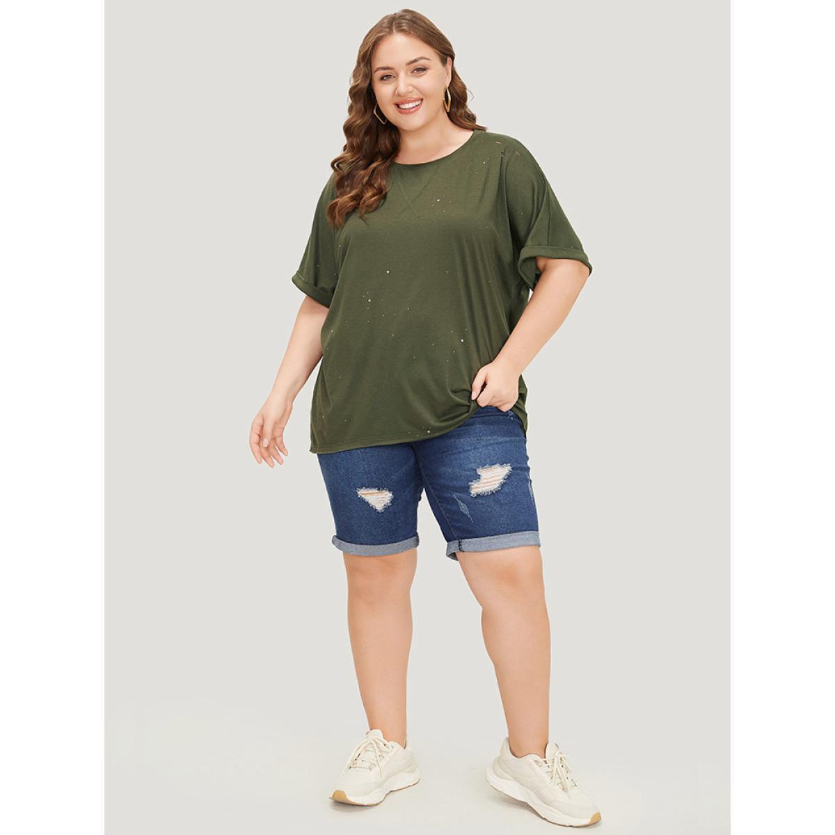 Plus Size Plain Ripped Detail Crew Neck T-shirt Sage Women Casual Distressed Plain Round Neck Dailywear T-shirts BloomChic 28/5X Product Image