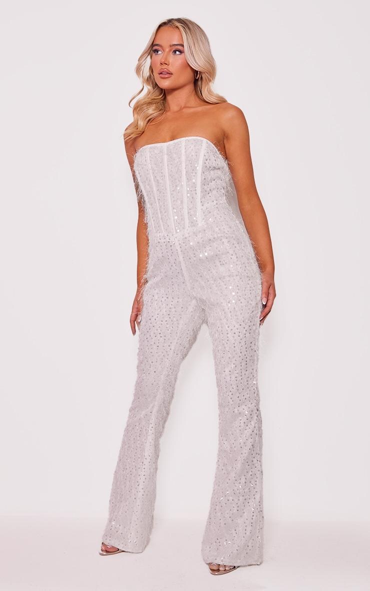 White Textured Sequin Corset Bandeau Jumpsuit Product Image