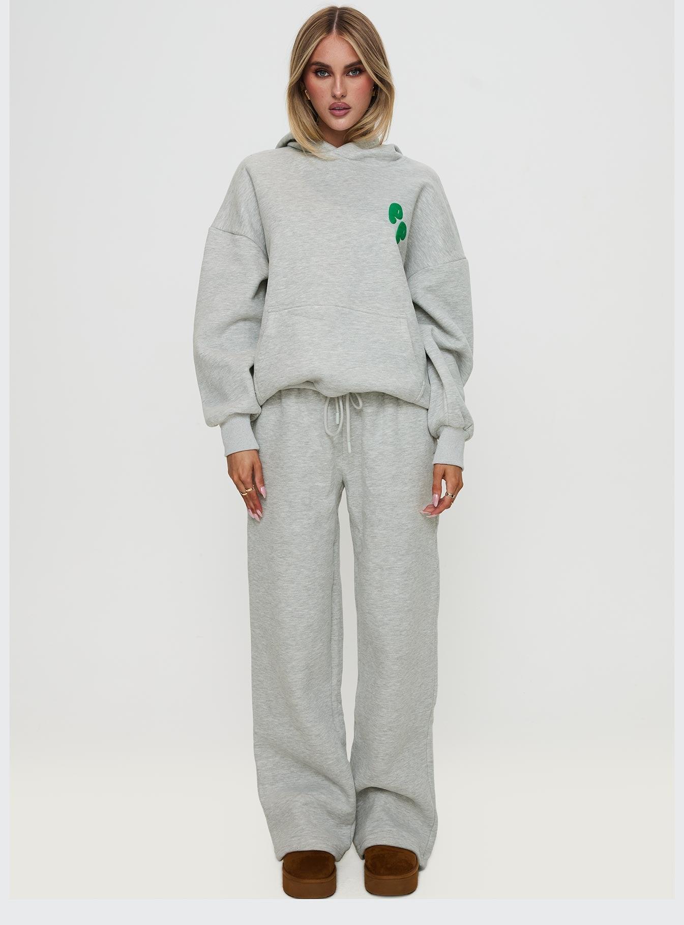 Princess Polly Wide Leg Track Pant Bubble Text Grey Marle / Green Product Image