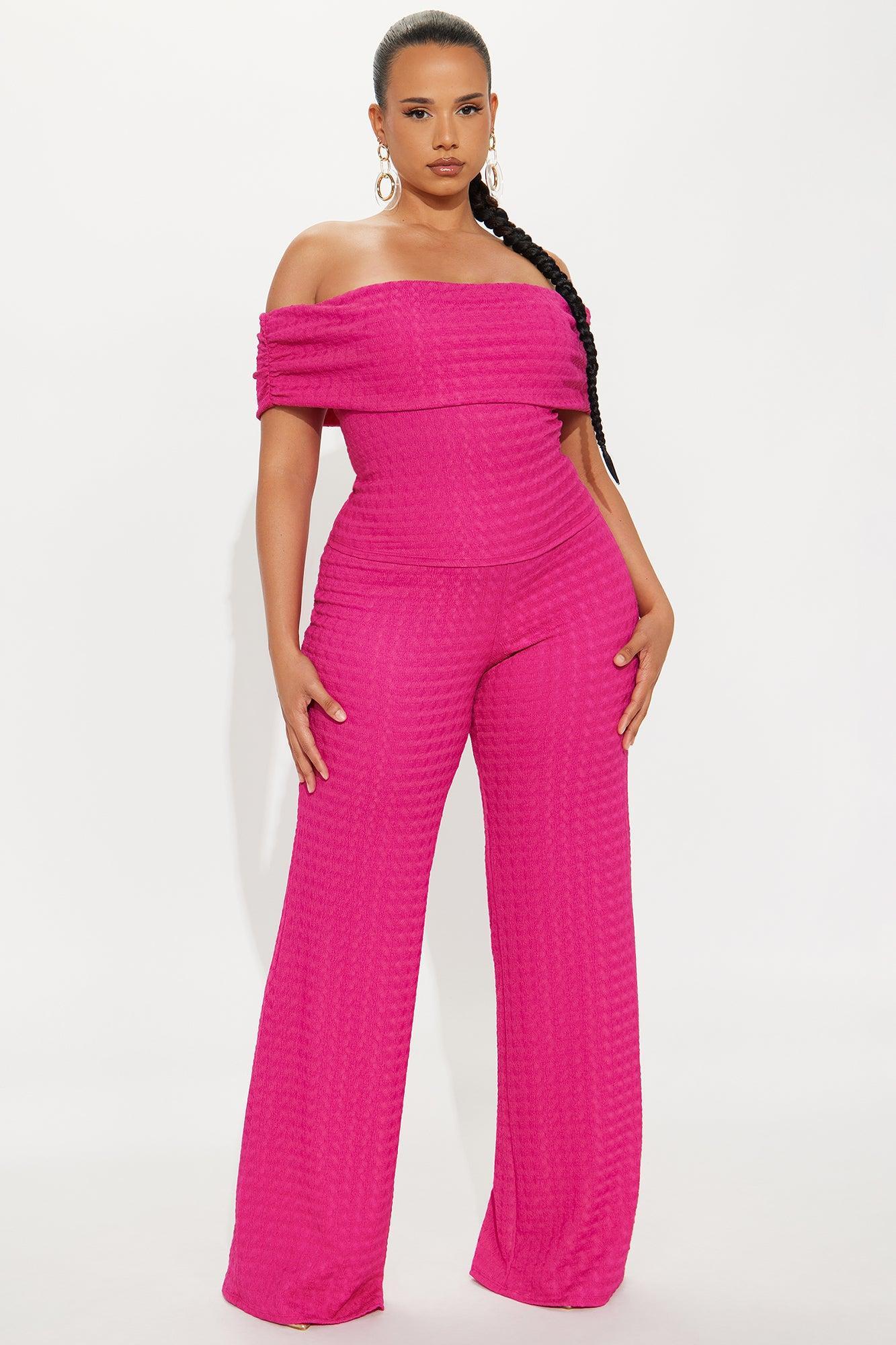 Arielle Off Shoulder Textured Pant Set - Fuchsia Product Image