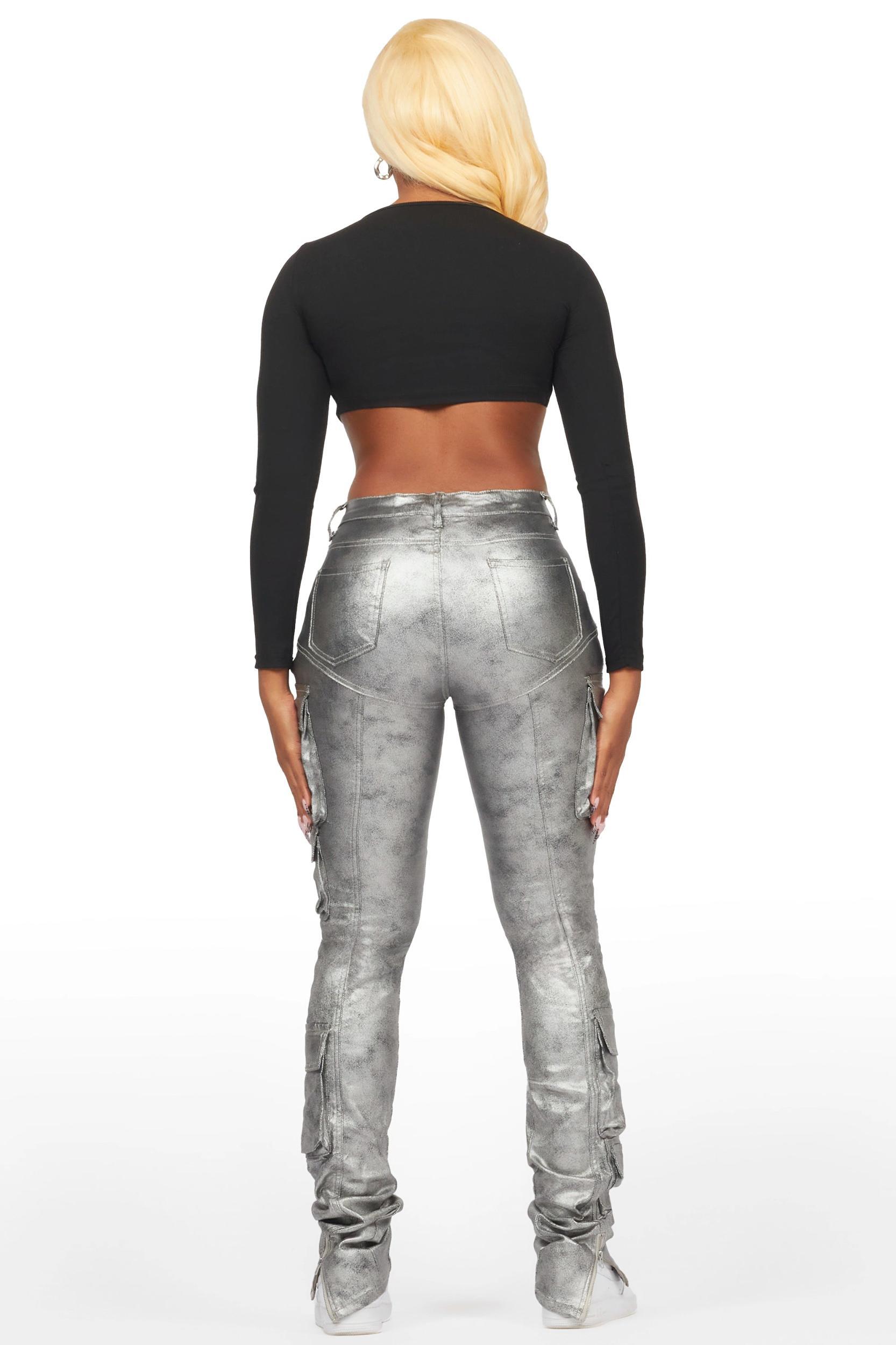 Teeoina Silver Coated Black Skinny Stacked PU Pant Female Product Image