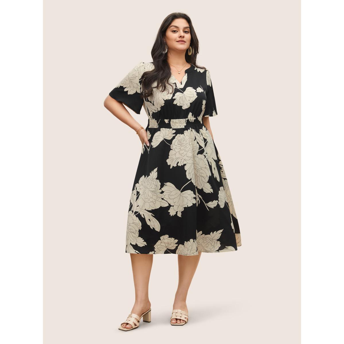 Plus Size Floral Print Notched Belted Flutter Sleeve Dress Black Women Elegant Non Notched collar Short sleeve Curvy Midi Dress BloomChic 18-20/2X Product Image