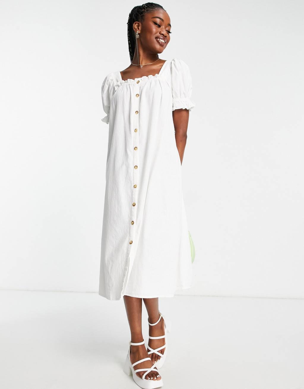 Pieces exclusive puff sleeve midi button through dress Product Image