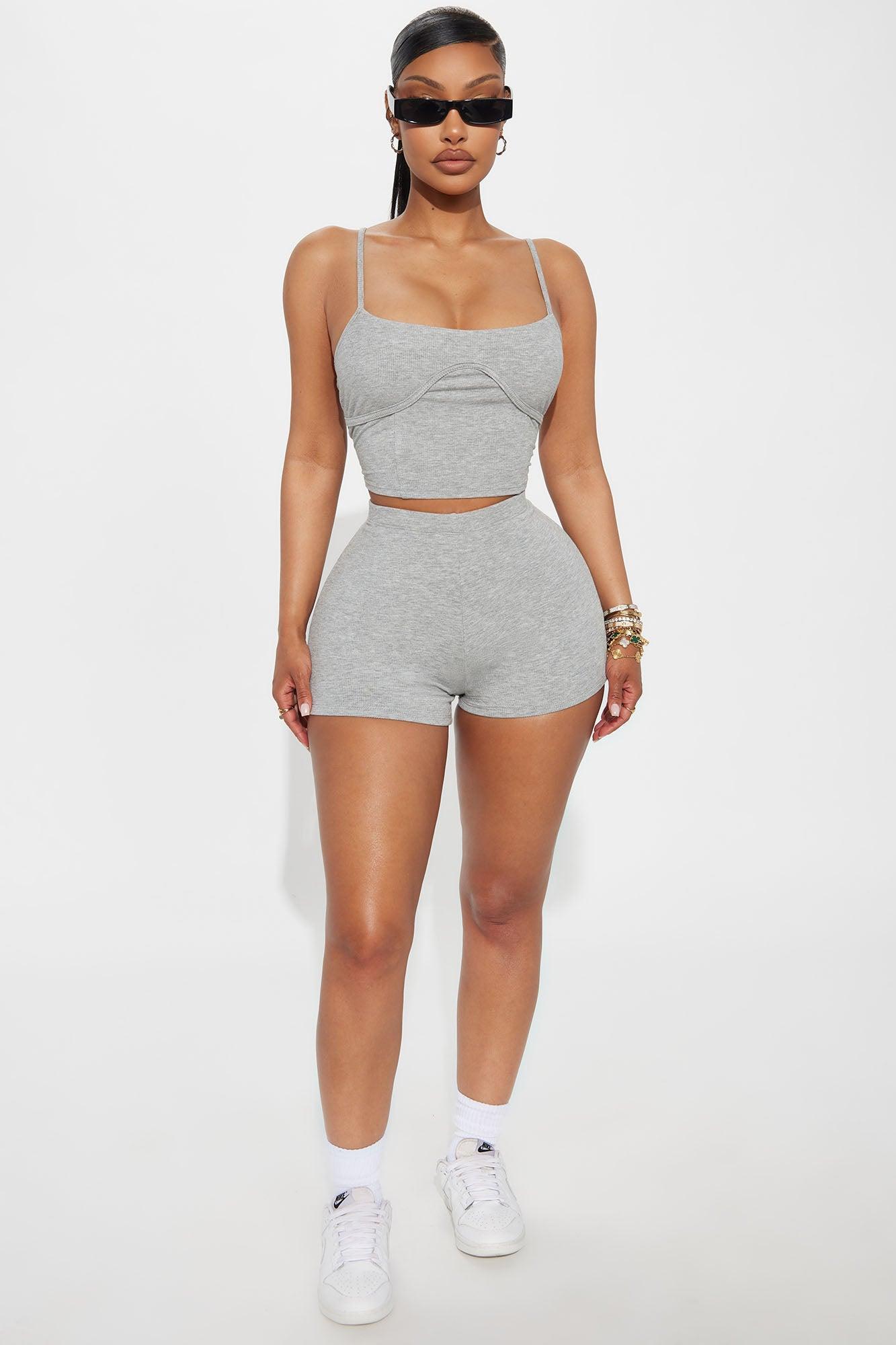Kira Double Lined Ribbed Short Set - Heather Grey Product Image