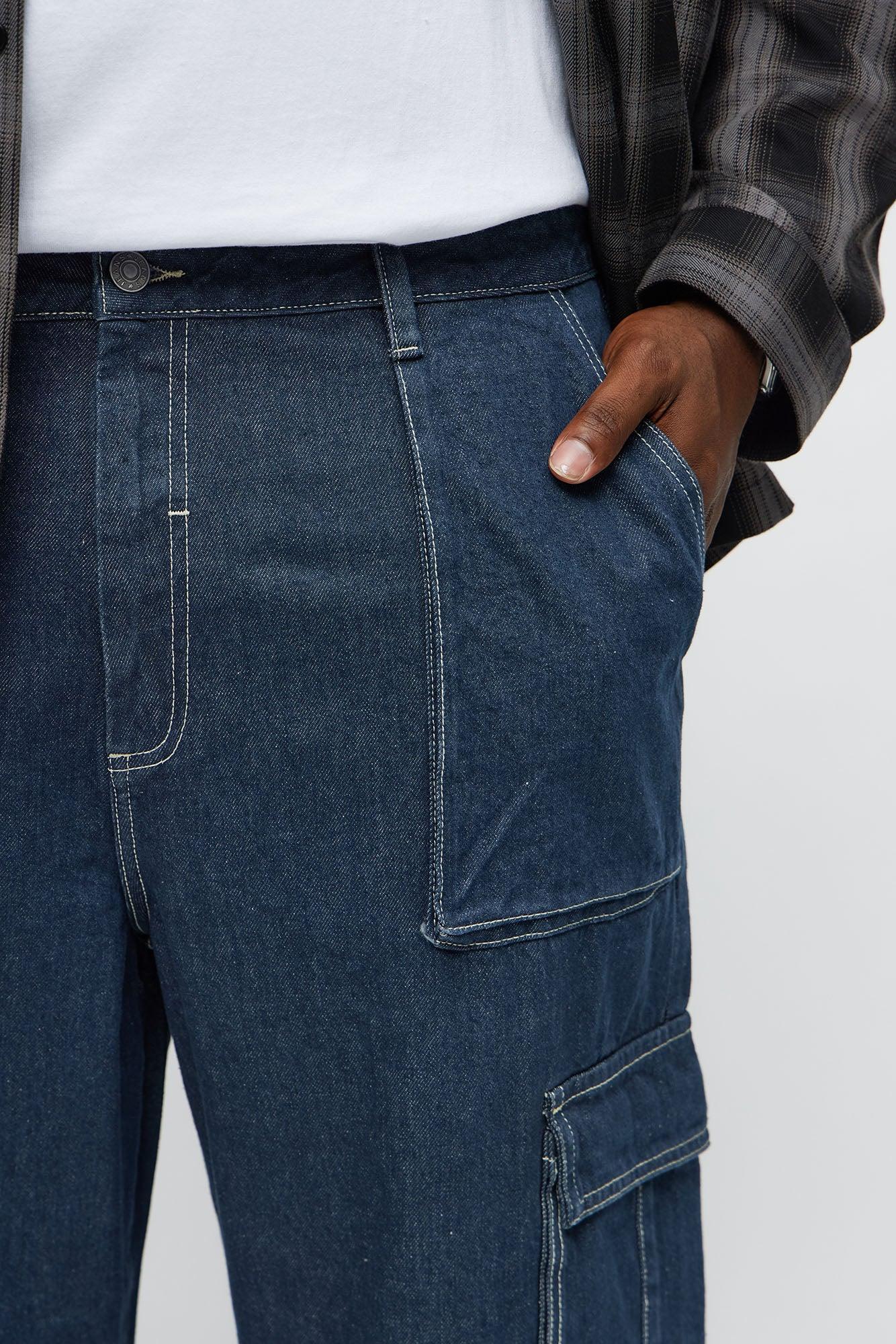 Deep End Contrast Stitch Baggy Jeans - Dark Wash Male Product Image