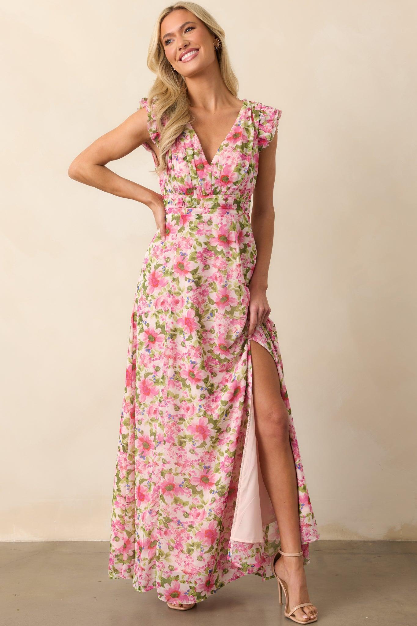 Dancing In The Sun Pink Floral Sleeveless Maxi Dress Product Image