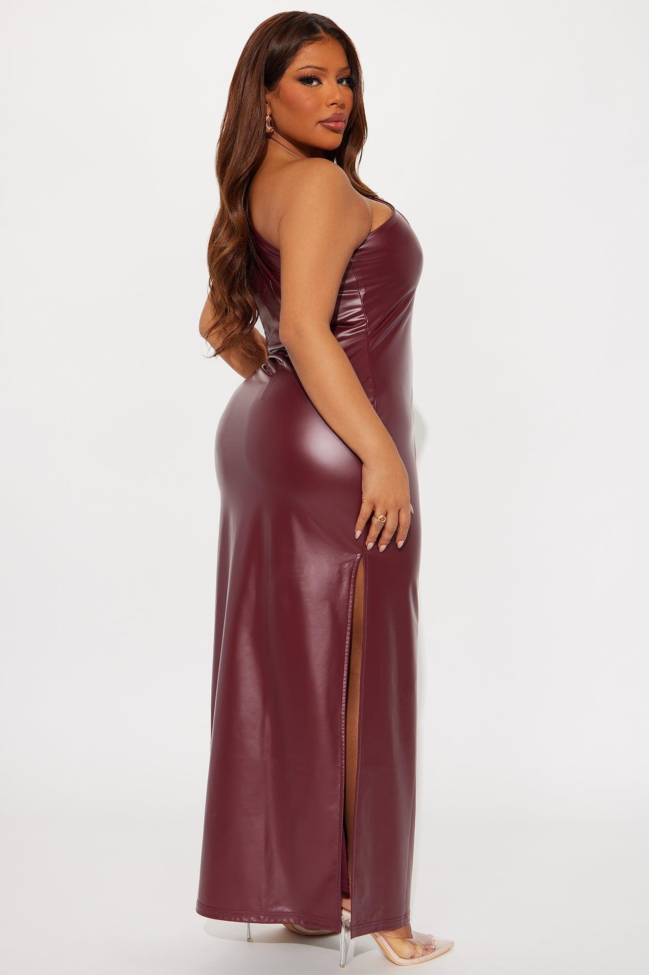 Conna Faux Leather One Shoulder Maxi Dress - Wine Product Image