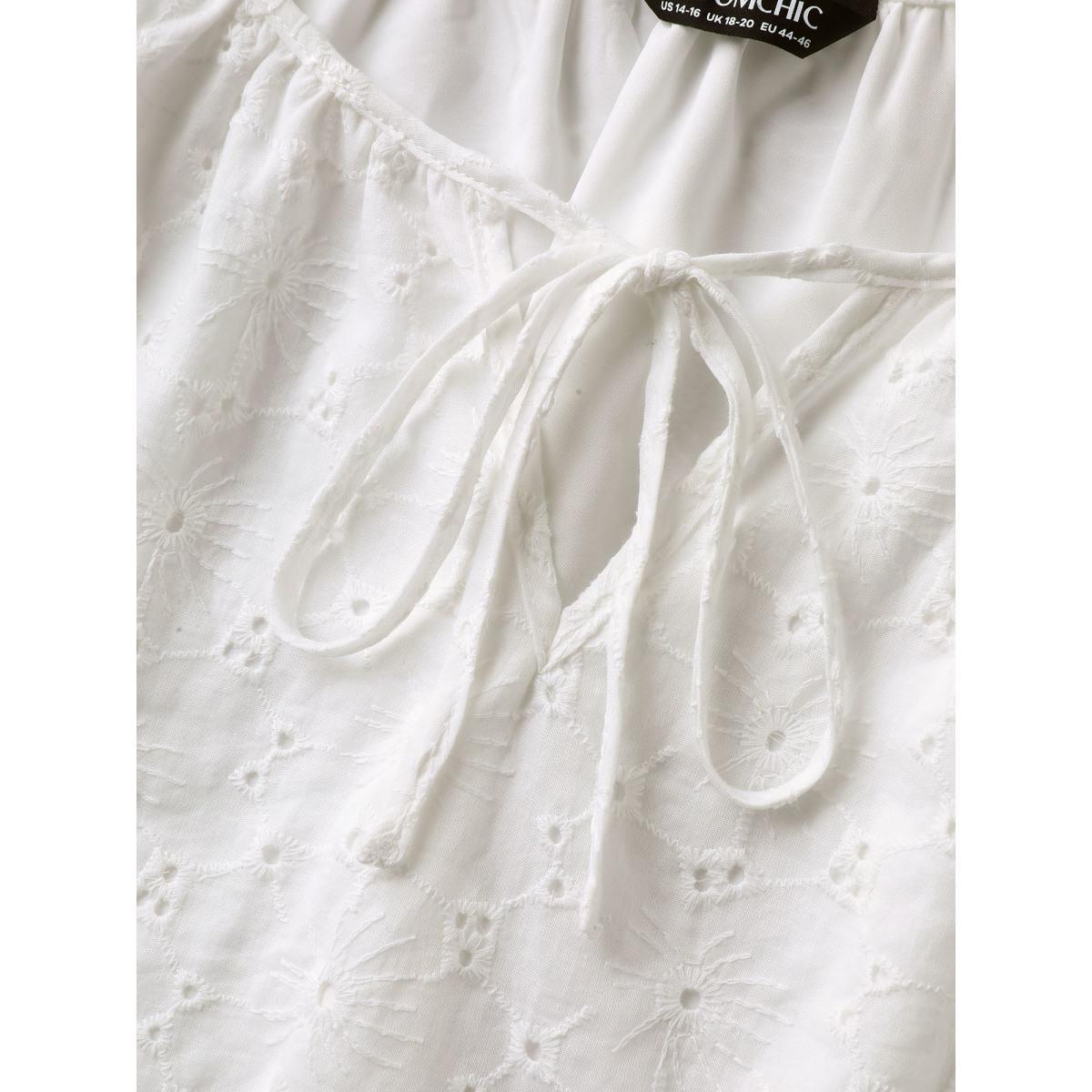 Plus Size WhiteSmoke Pure Cotton Eyelet Texture Blouse Women Elbow-length sleeve Notched collar Everyday-Elegant Blouses BloomChic 30/6X Product Image
